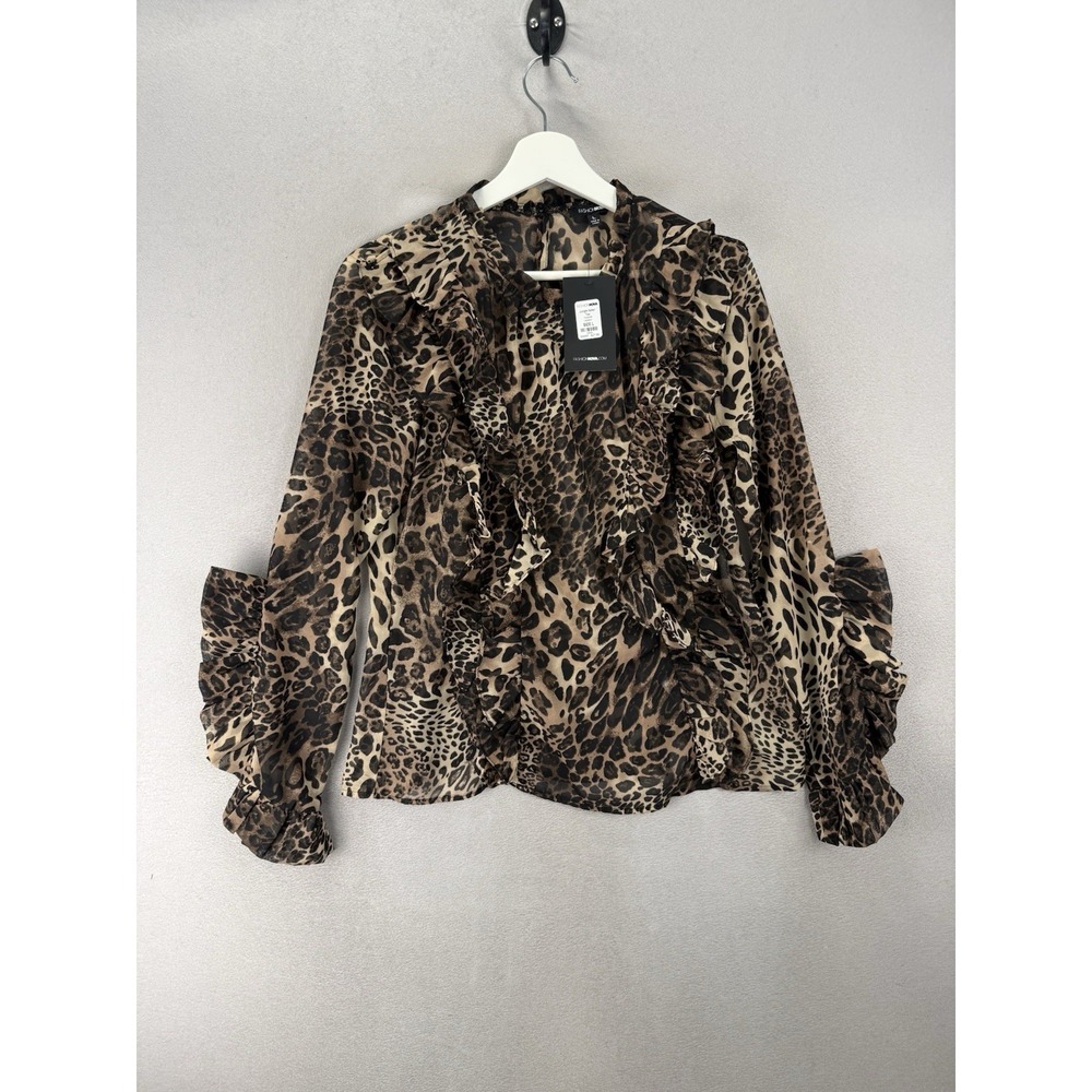 Fashion Nova Jungle Safari Sheer Ruffle Blouse Womens Large Leopard Print NWT